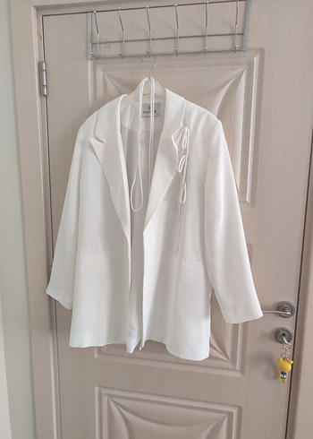 Beyaz Keten Kadın Blazer Ceket - Görsel 3