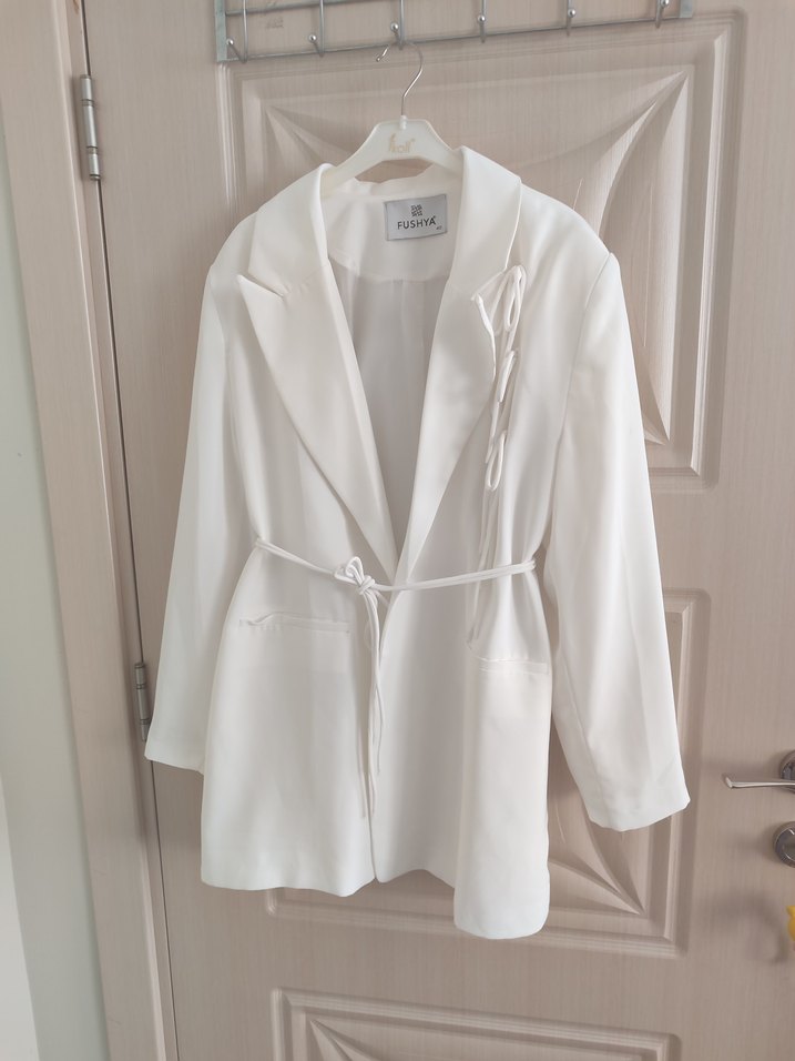 Beyaz Keten Kadın Blazer Ceket - Görsel 4