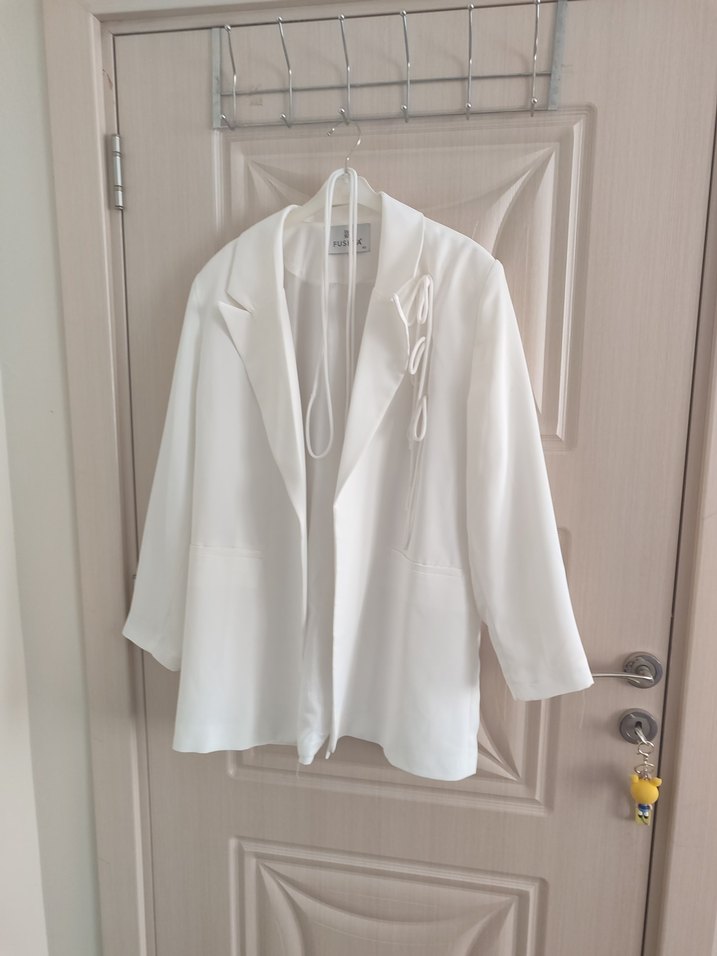 Beyaz Keten Kadın Blazer Ceket - Görsel 2