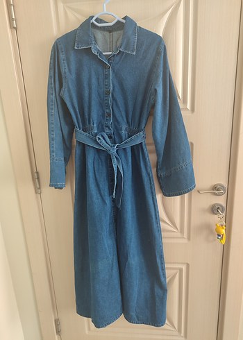 Uzun Kollu Kemerli Hamile Kot Tulum - Görsel 2