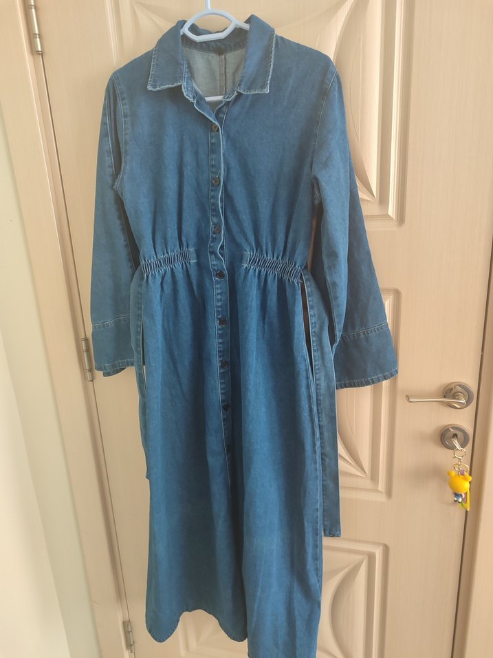 Uzun Kollu Kemerli Hamile Kot Tulum - Görsel 4