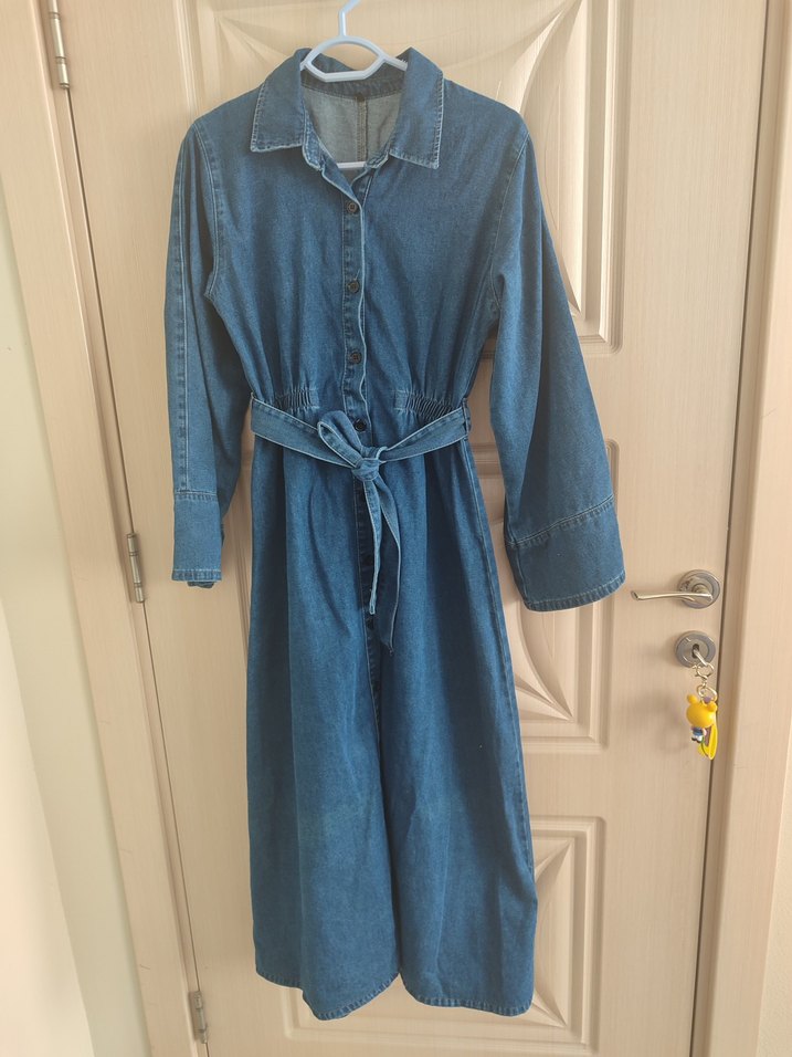 Uzun Kollu Kemerli Hamile Kot Tulum - Görsel 2