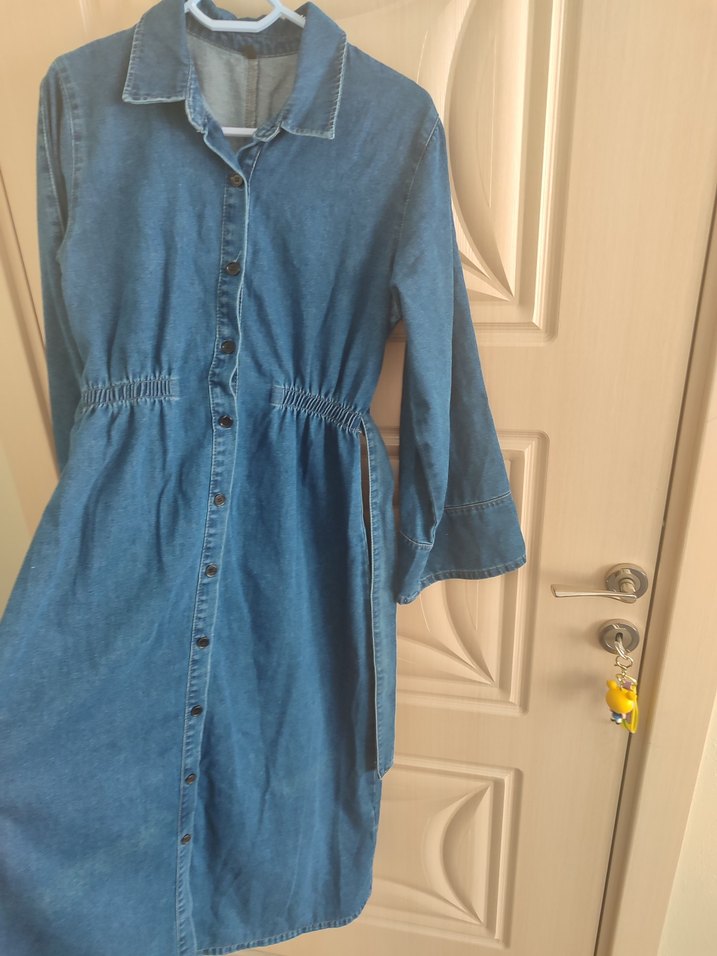 Uzun Kollu Kemerli Hamile Kot Tulum - Görsel 3