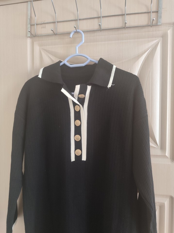 Siyah Uzun Kollu Düğmeli Kadın Elbise - Görsel 3