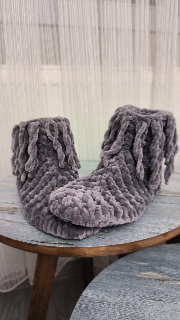 Kızlar için Bohem Gri Örgü Ev Terliği - Görsel 3