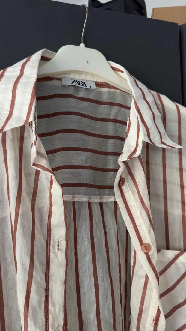 Zara Bej Çizgili Keten Gömlek - Görsel 3