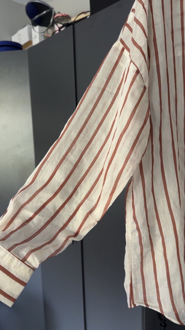 Zara Bej Çizgili Keten Gömlek - Görsel 2