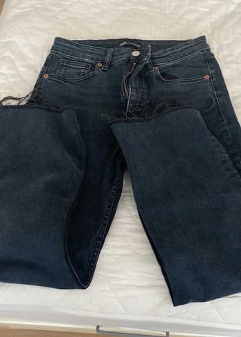 Zara Zara Gri Baskılı Bol Kesim Midi Kot Pantolon