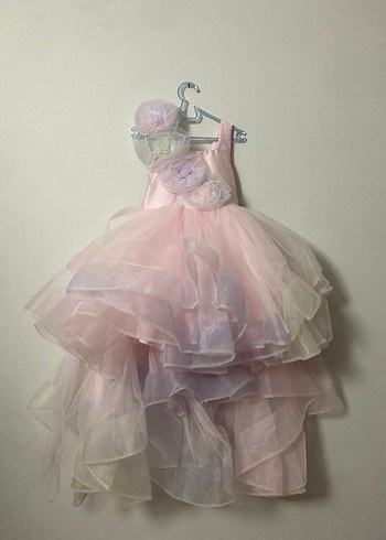 Çiçek Desenli Pembe Kız Çocuk Abiye Elbise - Görsel 3