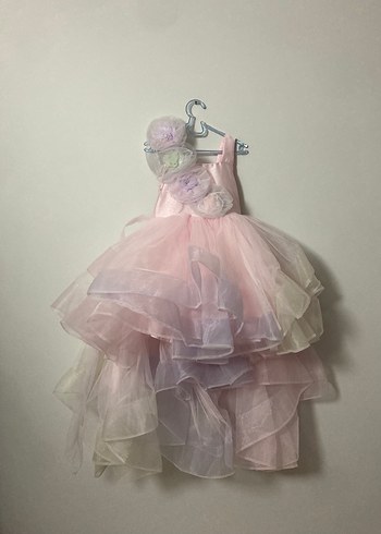 Çiçek Desenli Pembe Kız Çocuk Abiye Elbise - Görsel 5