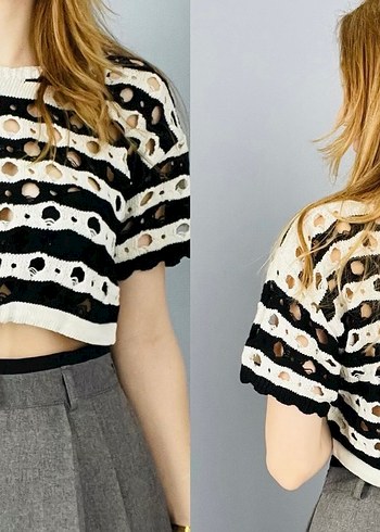 Zebra Desenli Kısa Kollu Triko