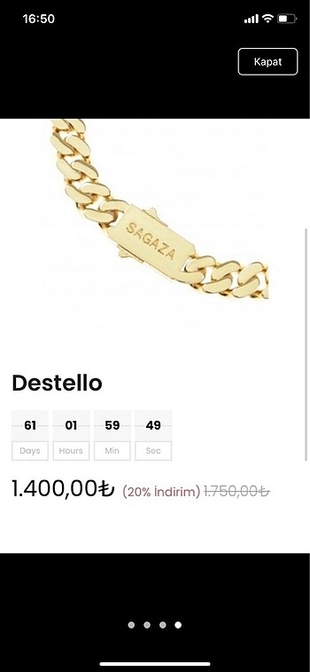 Beden Orjinal sagaza destello altın rengi zincir model kolye gold