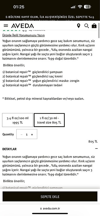 Beden Renk Aveda botanical repair saç onarıcı gece serumu 10 ml