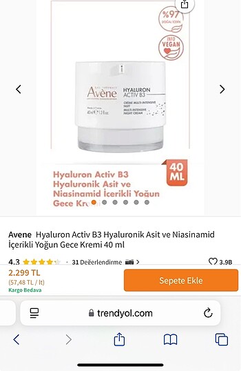 Beden Avene Hyaluronik Asit ve Niasinamid İçerikli Yoğun Gece Kremi