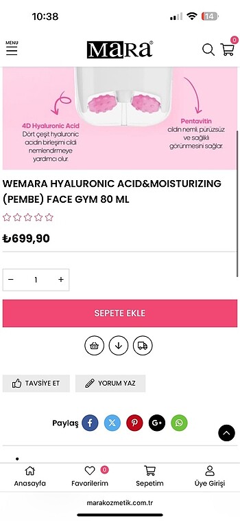 Beden Renk WEMARA HYALURONİK ASİT & MOISTURIZING FACE GYM 80 ML PEMBE