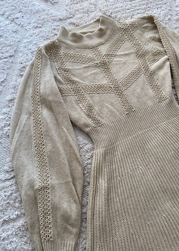 Bej Bohem Yüksek Yaka Kadın Triko Elbise - Görsel 2