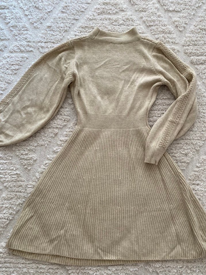 Bej Bohem Yüksek Yaka Kadın Triko Elbise - Görsel 4