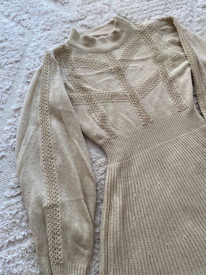 Bej Bohem Yüksek Yaka Kadın Triko Elbise - Görsel 2