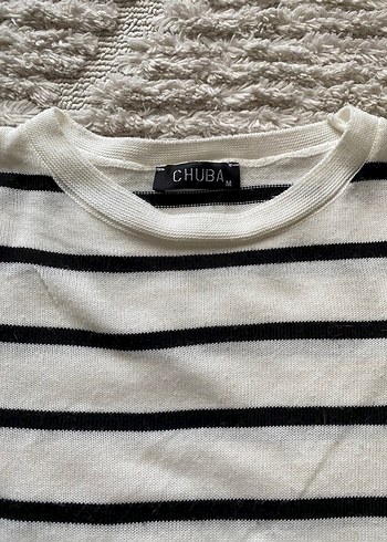 Beyaz Siyah Çizgili Kadın Triko Kazak - Görsel 2