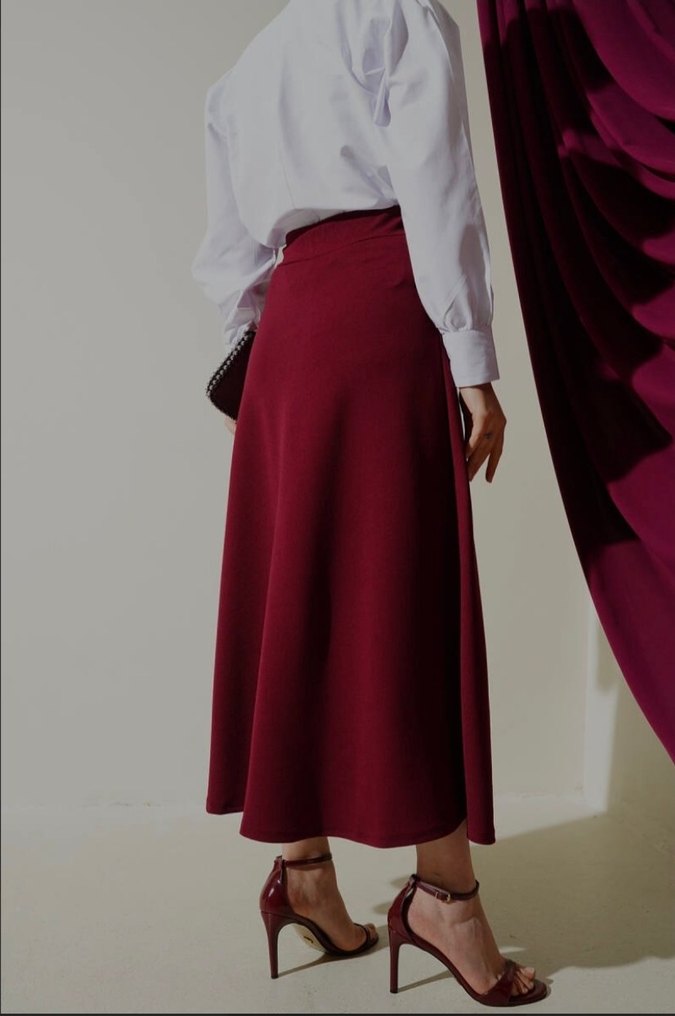 Beli Lastikli Kloş Etek Bordo Tesettür - Görsel 2