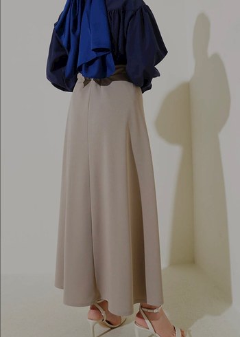 Bel Lastikli Çan Etek Latte krem bej tesettür - Görsel 3