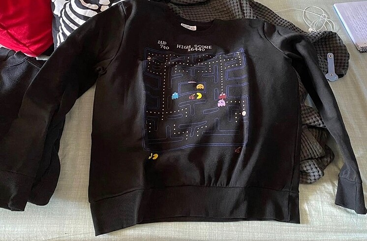 Pac-Man Siyah Baskılı Sweatshirt
