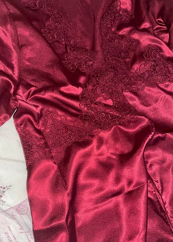 Bordo Kadın Saten Pijama Takımı, Uzun Kollu - Görsel 10