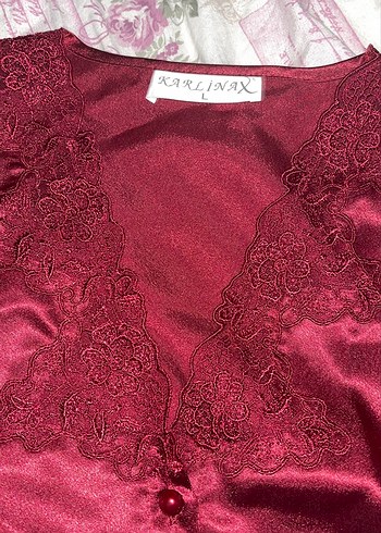 Bordo Kadın Saten Pijama Takımı, Uzun Kollu - Görsel 8