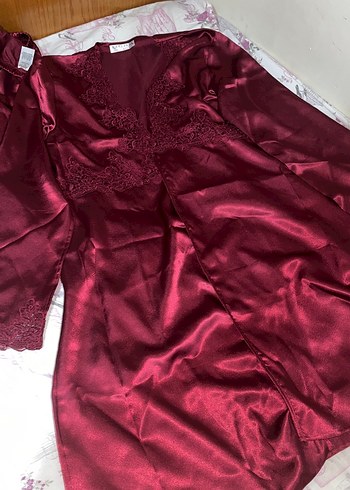 Bordo Kadın Saten Pijama Takımı, Uzun Kollu - Görsel 9