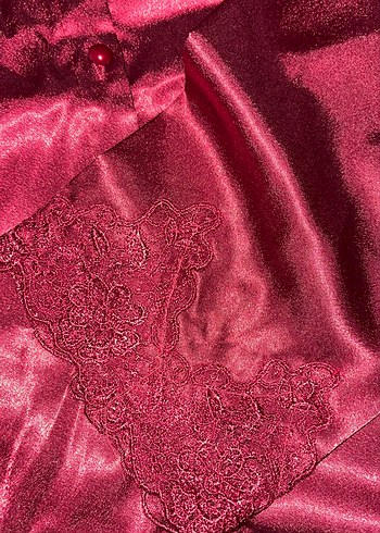 Bordo Kadın Saten Pijama Takımı, Uzun Kollu - Görsel 7