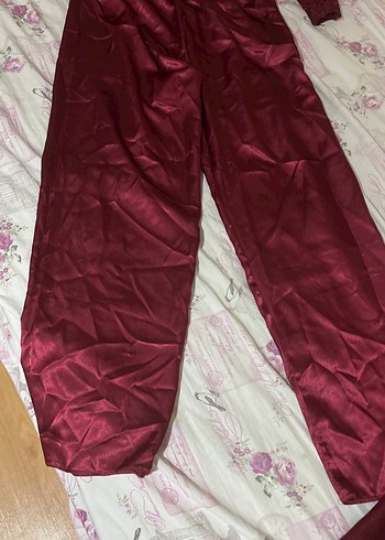 Bordo Kadın Saten Pijama Takımı, Uzun Kollu - Görsel 3