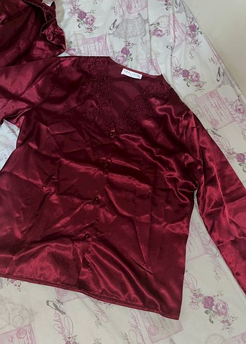 Bordo Kadın Saten Pijama Takımı, Uzun Kollu - Görsel 6