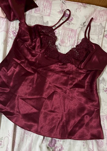 Bordo Kadın Saten Pijama Takımı, Uzun Kollu - Görsel 12