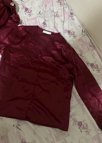 Bordo Kadın Saten Pijama Takımı, Uzun Kollu - Görsel 5