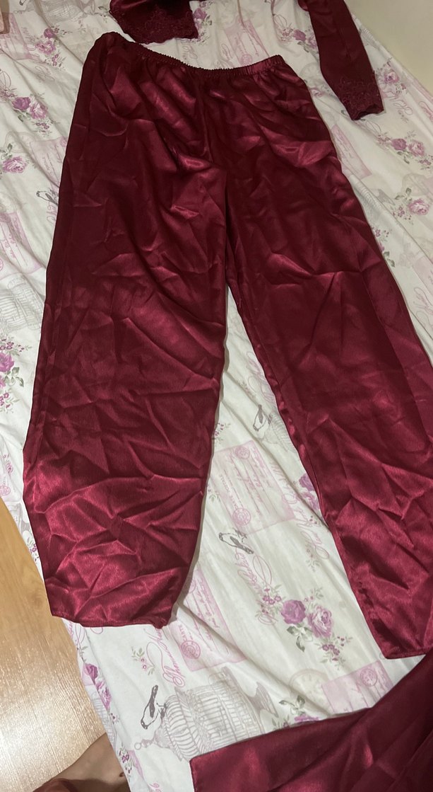 Bordo Kadın Saten Pijama Takımı, Uzun Kollu - Görsel 3