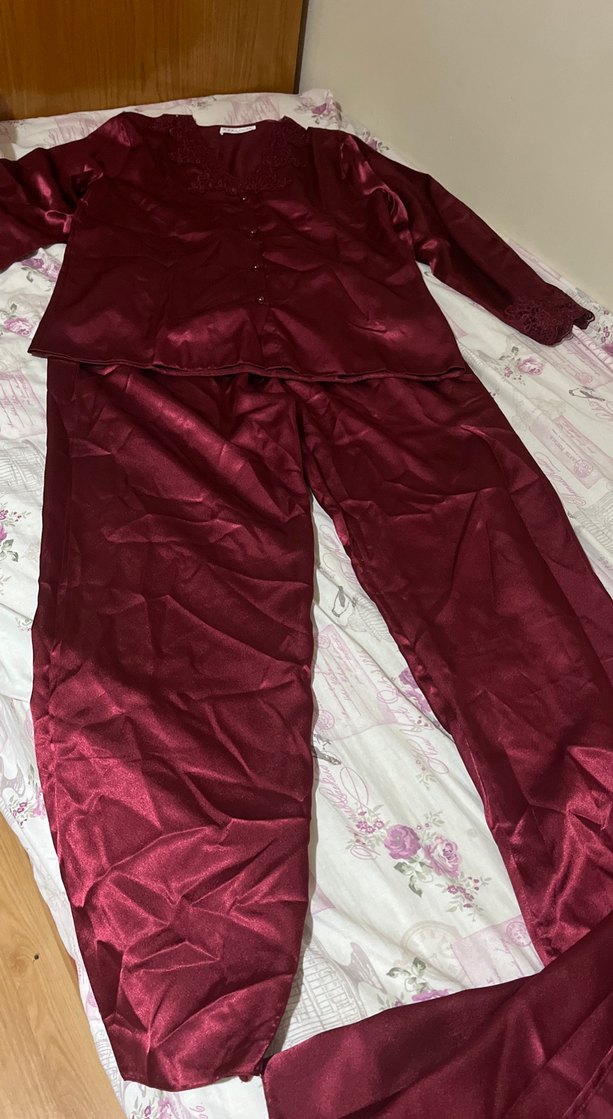 Bordo Kadın Saten Pijama Takımı, Uzun Kollu - Görsel 2