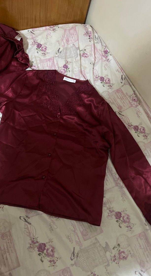 Bordo Kadın Saten Pijama Takımı, Uzun Kollu - Görsel 5