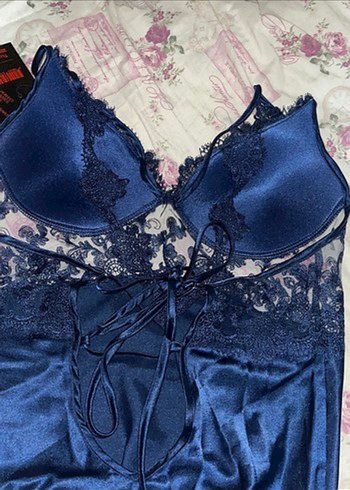 Uzun Kollu Koyu Mavi Gotik Kadın Gecelik - Görsel 14