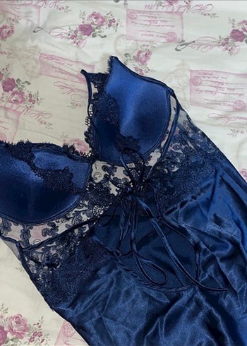 Uzun Kollu Koyu Mavi Gotik Kadın Gecelik - Görsel 15