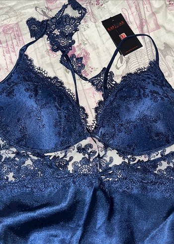 Uzun Kollu Koyu Mavi Gotik Kadın Gecelik - Görsel 13