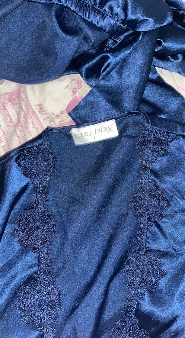 Uzun Kollu Koyu Mavi Gotik Kadın Gecelik - Görsel 3