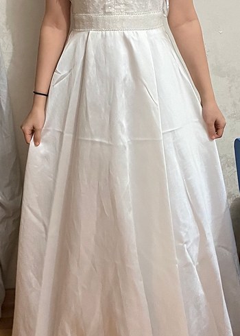 Bohem V Yaka Uzun Beyaz Gelinlik - Görsel 2