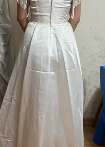 Bohem V Yaka Uzun Beyaz Gelinlik - Görsel 5