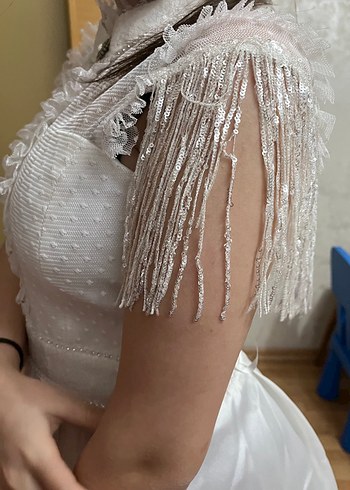 Bohem V Yaka Uzun Beyaz Gelinlik - Görsel 3