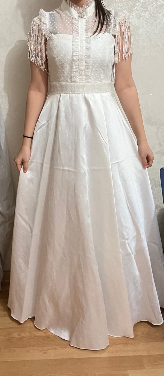 Bohem V Yaka Uzun Beyaz Gelinlik - Görsel 2