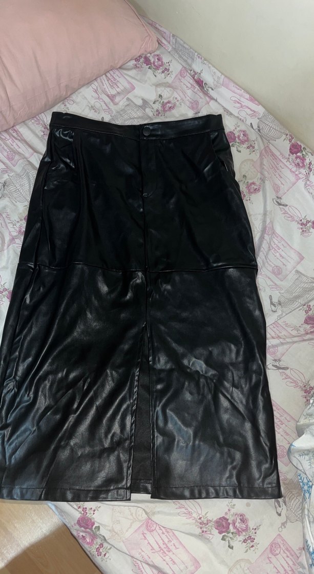 Düğmeli Siyah Deri Uzun Kadın Etek - Görsel 4