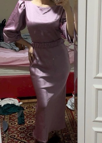 Uzun Kollu Mor Drapeli Kadın Abiye Elbise - Görsel 2