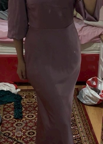 Uzun Kollu Mor Drapeli Kadın Abiye Elbise - Görsel 3