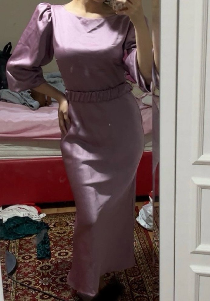 Uzun Kollu Mor Drapeli Kadın Abiye Elbise - Görsel 2