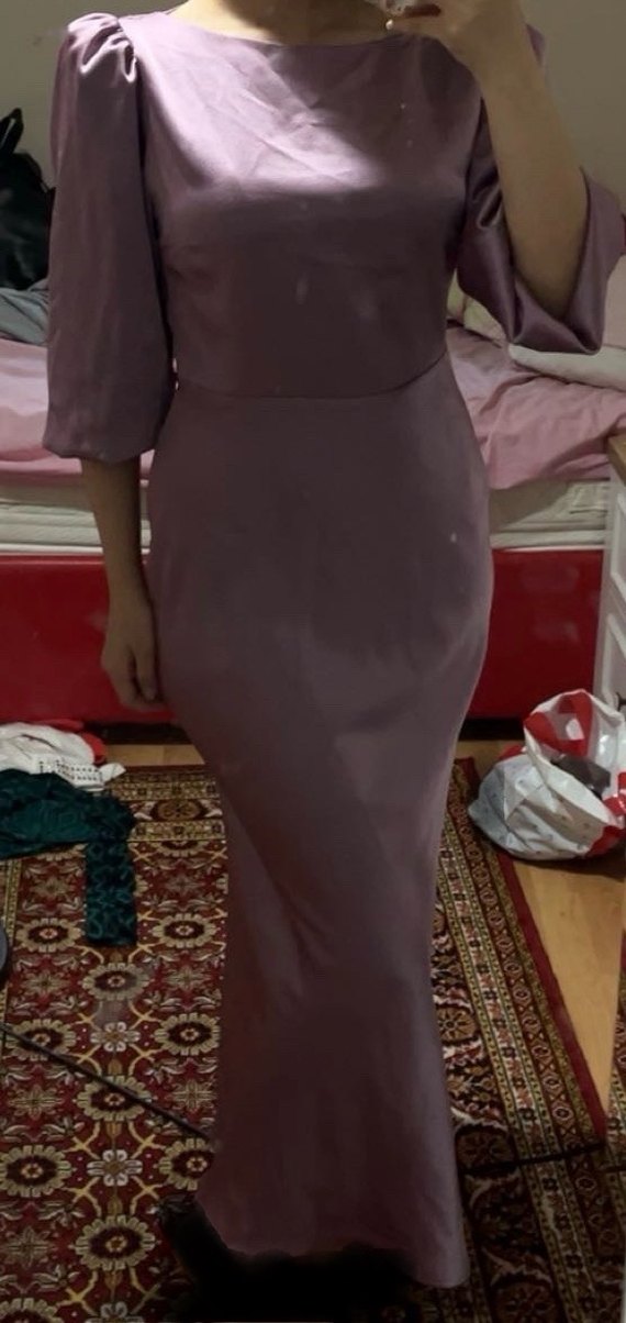 Uzun Kollu Mor Drapeli Kadın Abiye Elbise - Görsel 3